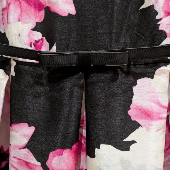 Floral Pleated Full Flare Dress 24 Shantung Bow Belt Pockets Retro Prom Party - Picture 3 of 6